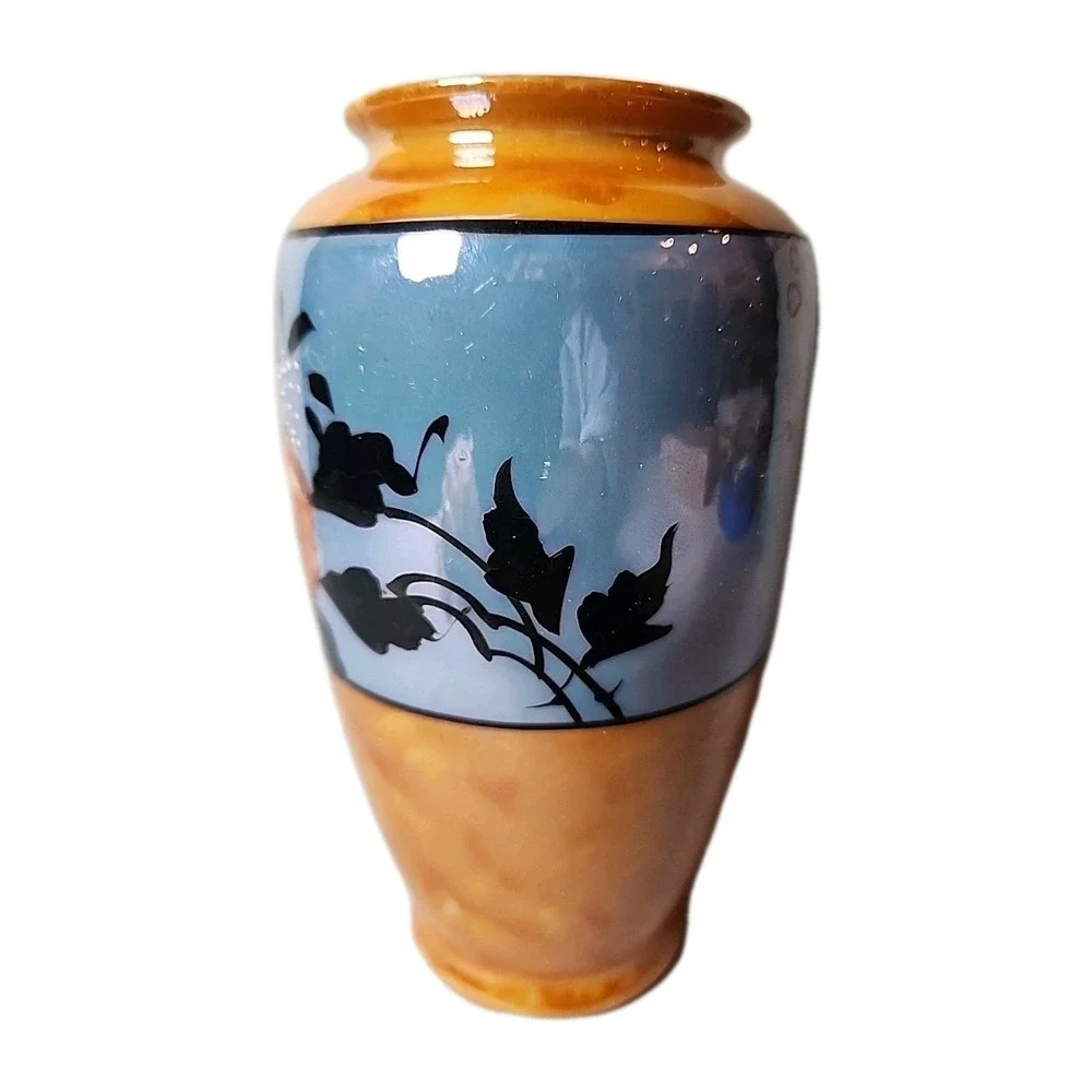 Vintage Lusterware Glaze Vase Signed, Hand-Painted Art‎ Deco Floral Orange 6.3